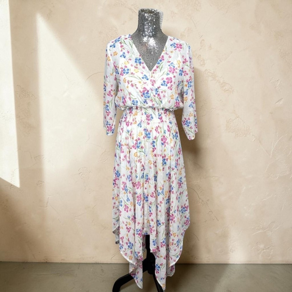 Cottagecore White Floral Maxi Dress Medium Handkerchief Hem Boho Fairy Romantic